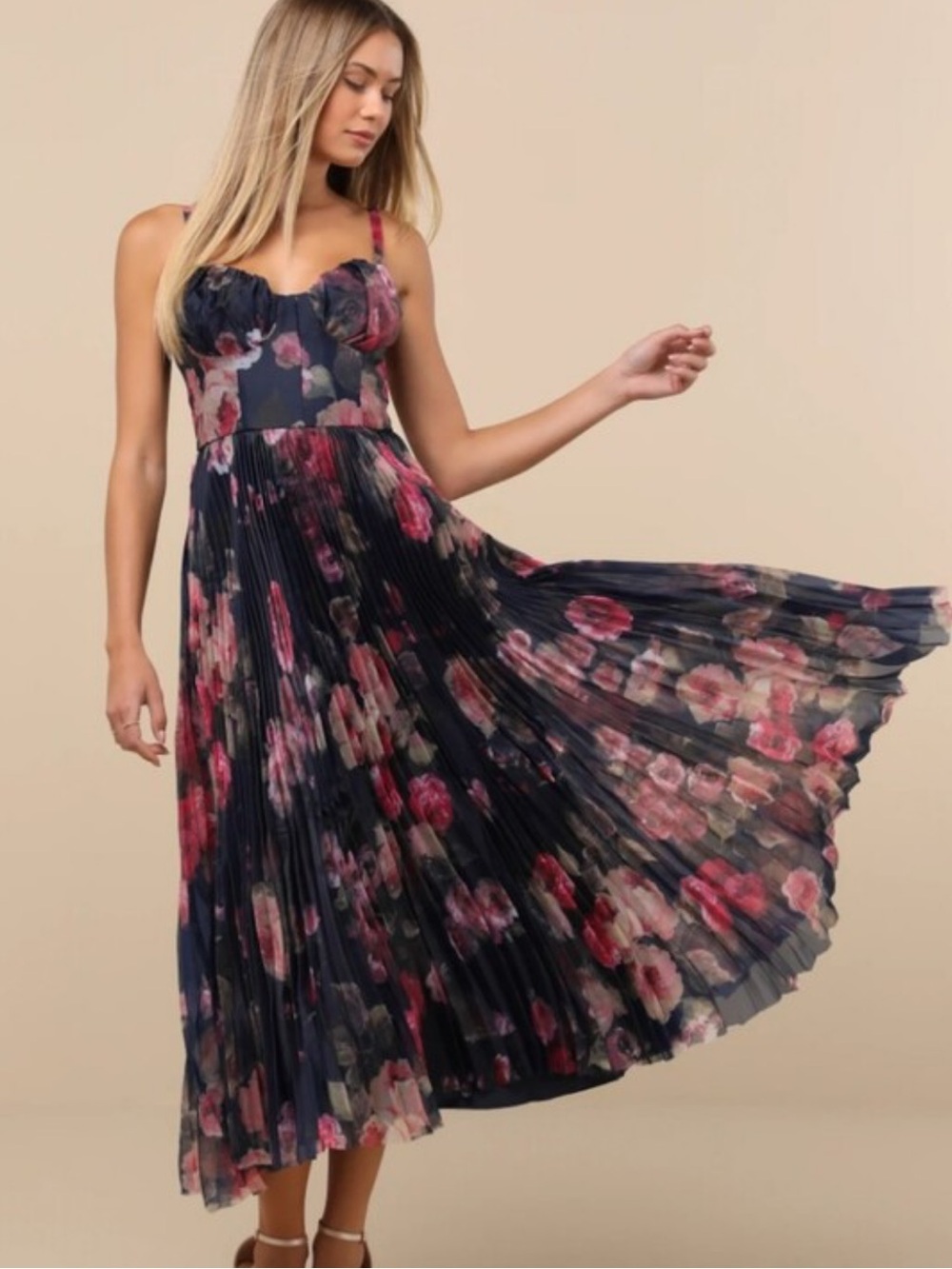 Floral Pleated Midi Dress in Black and Berry